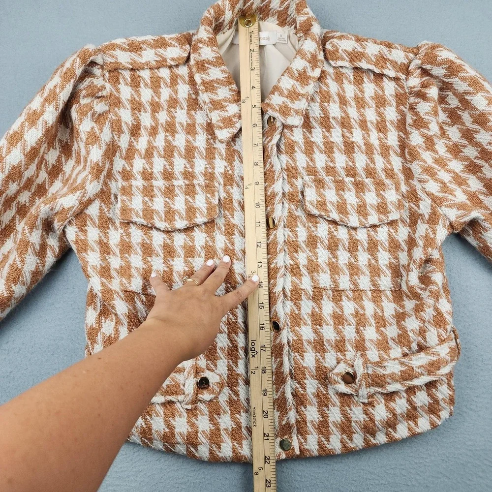 Bishop + Young Jacket Womens Medium Brown Tweed Snap Front Belted Pockets Lined